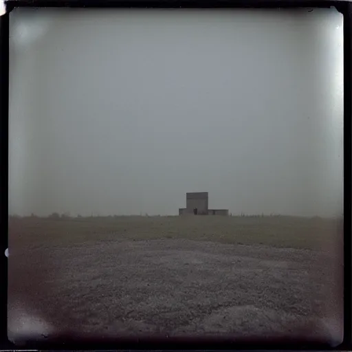 Prompt: impossibly large concrete structure in the distance, middle of nowhere, minimalist architecture, megalophobia, top obscured by fog, old polaroid, expired film,