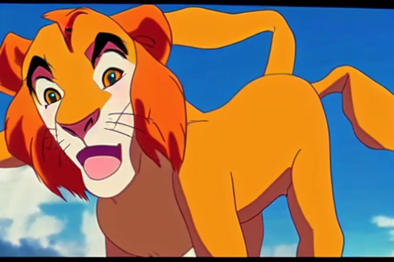 Prompt: simba from the lion king in a still from the anime neon genesis evangelion, neon genesis evangelion official media, high quality, hideaki anno anime