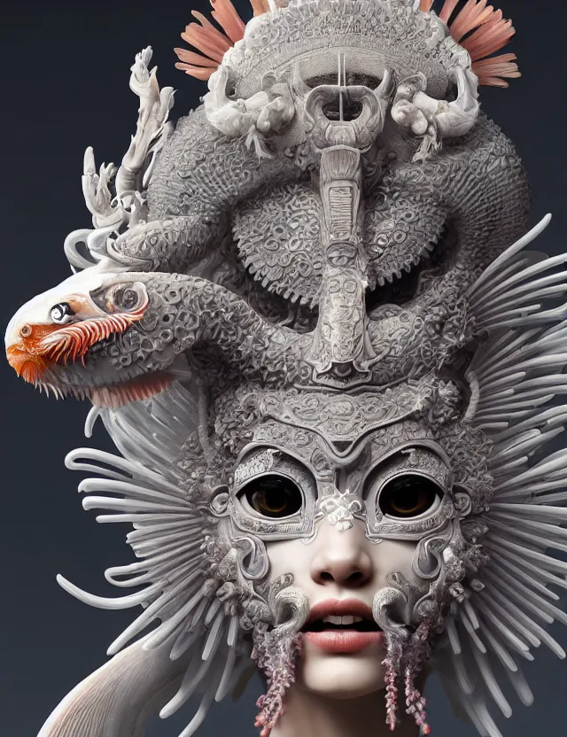 Image similar to 3 d goddess close - up 3 / 4 portrait with ram skull. beautiful intricately detailed japanese crow kitsune mask and clasical japanese kimono. betta fish, jellyfish phoenix, bio luminescent, plasma, ice, water, wind, creature, artwork by tooth wu and wlop and beeple and greg rutkowski