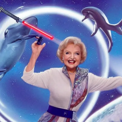 Image similar to betty white straddling a dolphin in space, wielding dual lightsabers