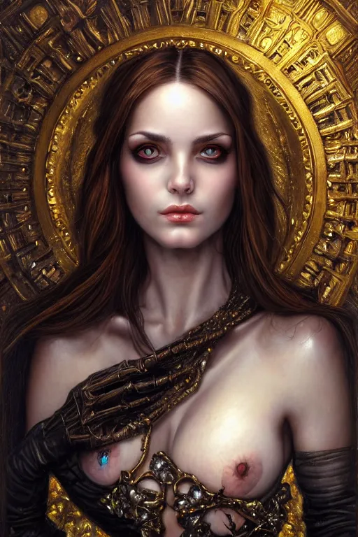 Image similar to high quality extremely detailed closeup portrait of a young attractive female necromancer looking away from the camera, dressed, realistic eyes, sparkle in eyes, no hands visible, baroque architecture in background, fantasy, d & d, intricate, painting by lucian freud and mark brooks, hd