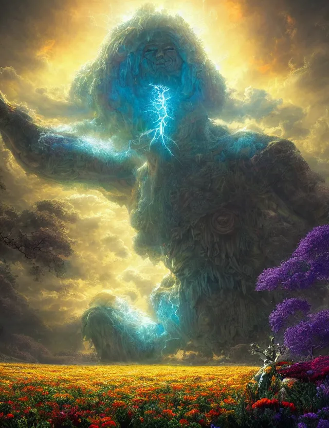 Prompt: A terrifying giant monster made of flowers, beautiful atmosphere, god rays, masterpiece digital painting by Alex Grey, Greg Rutkowski, 4k wallpaper