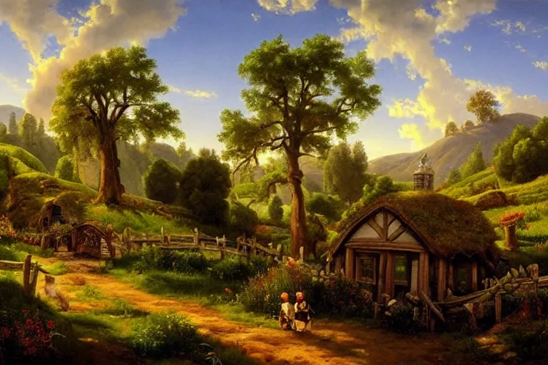 Image similar to asher brown durand oil painting on canvas of tolkien's the shire hobbiton