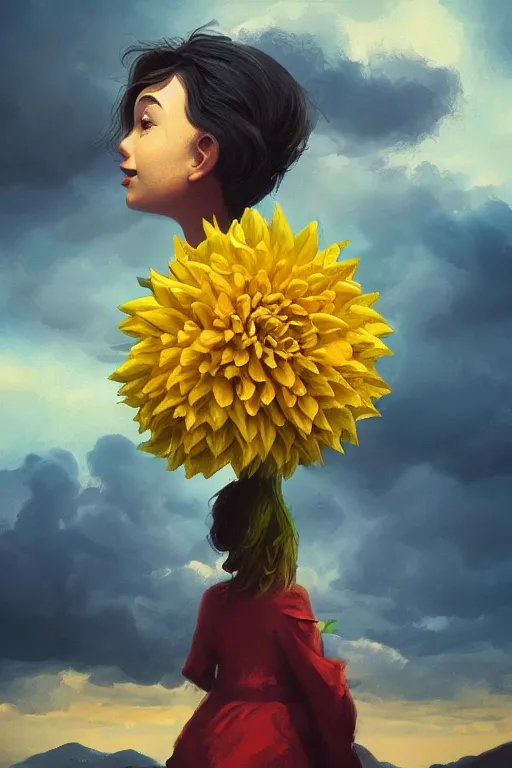 Image similar to closeup girl with huge yellow dahlia flower face, intricate, standing on mountain, surreal photography, blue storm clouds, dramatic light, impressionist painting, digital painting, artstation, simon stalenhag