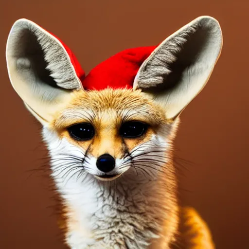 Prompt: a close up, studio colour photograph of a fennec fox wearing a santa hat, dramatic backlighting at golden hour,