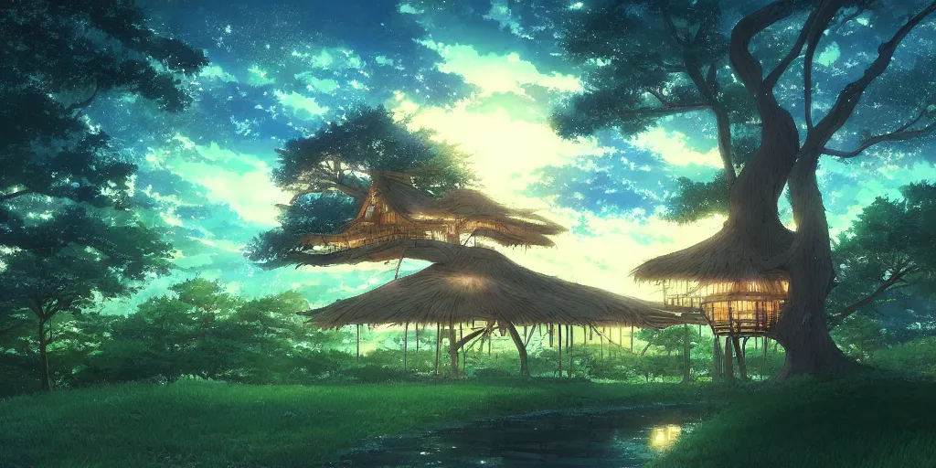 Image similar to beautiful anime painting of a treehouse at nighttime, by makoto shinkai, koto no ha no niwa, artstation, atmospheric.