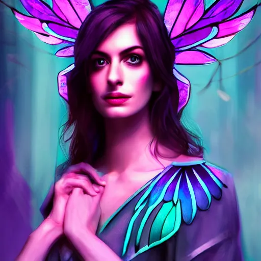Prompt: ( ( ( ( brightly lit fairy with stained glass wings in a dim dark forest cute colorful 4 k path traced high definition detailed artstation realistic trending dramatic lighting high contrast neon defined face cyberpunk ) ) ) ), anne hathaway