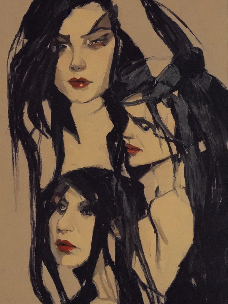 Image similar to portrait profile of one mysterious dark beautiful women in 1 9 7 8, oil painting by john watkiss