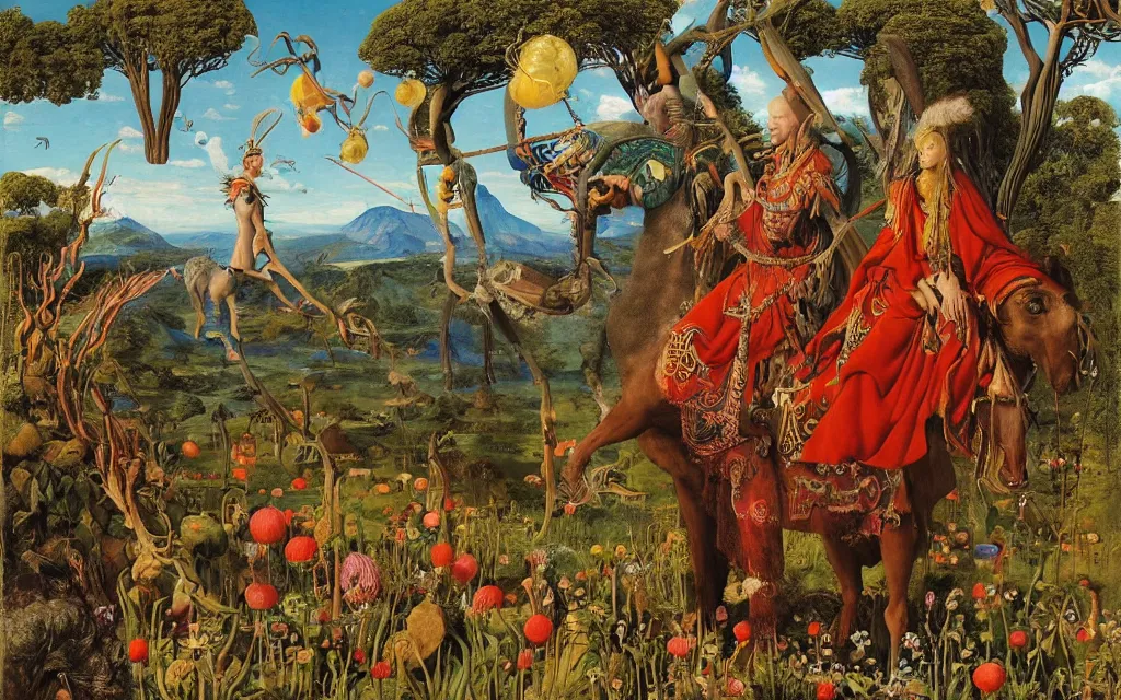Prompt: a portrait photograph of a meditating shaman and a centaur monk riding a vulture and hunting at a river delta. surrounded by bulbous flowers and trees. mountain range under a blue sky of fiery stars. by jan van eyck, max ernst, ernst haeckel, ernst fuchs and artgerm, cgsociety, fashion editorial, 8 k