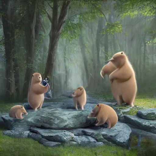 Image similar to capybaras performing a magic ritual in a mystical forest, oil painting, cinematic scene, trending on Artstation, award-winning, visually stunning, studio lighting