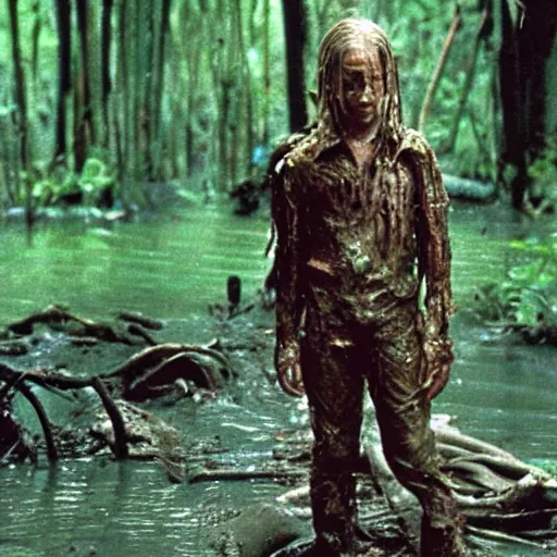 Image similar to cinematic still of macaulay culkin age 8, covered in mud and watching a predator in a swamp in 1 9 8 7 movie predator, hd, 4 k