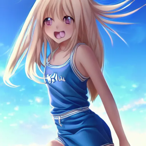 Prompt: a very beautiful young anime basketball girl crying, full body, long wavy blond hair, sky blue eyes, full round face, evil grin, bikini, miniskirt, front view, mid - shot, highly detailed, cinematic wallpaper by stanley artgerm lau