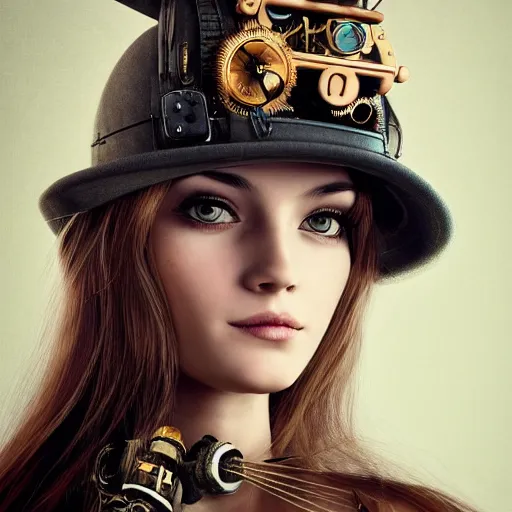 Prompt: a portrait beautiful steampunk woman and her cute robot cat, long hair, aged 2 5, slovenian, wearing a travel hat, photo realistic, real life, octane render, trending on artstation