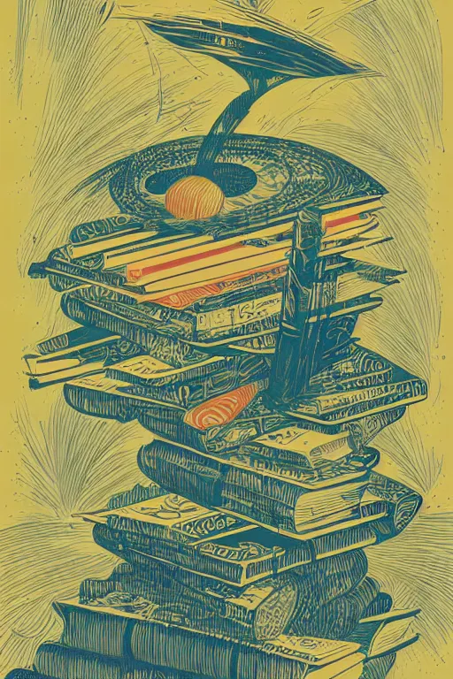 Image similar to books and pencil, style of kilian eng, light, simple, Illustration, woodblock print