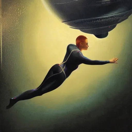 Image similar to portrait of a woman in flight suit plunging into an abyss, bubbles, currents, dyson sphere, wet reflections, prism, atmospheric, ambient, pj crook, syd mead, livia prima, artgerm, greg rutkowski, nick alm, casey baugh