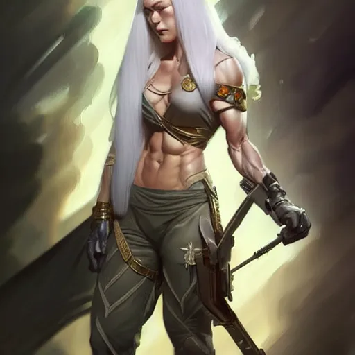 Image similar to female hot soldier with white hair, muscular upper body, D&D, fantasy, intricate, elegant, highly detailed, digital painting, artstation, concept art, smooth, sharp focus, illustration, art by artgerm and greg rutkowski and alphonse mucha