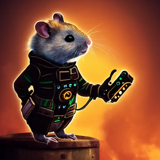 Image similar to a cute cyberpunk hamster as a supervillain, steam punk, gothic, 4 k