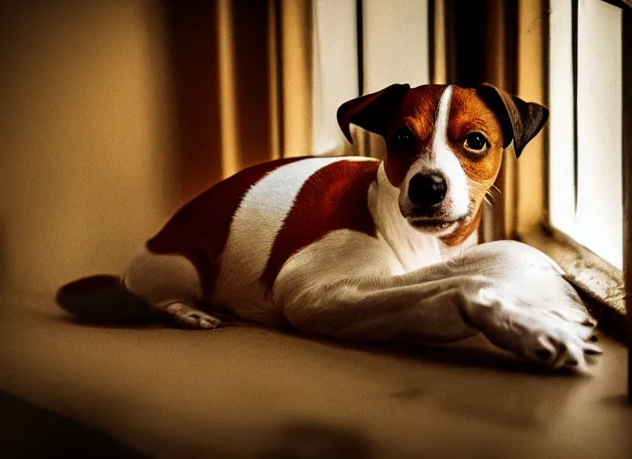 Image similar to photography of a Jack Russel . watching outside the window. on a bed. in a vintage room full of vinyls and posters.,volumetric light, photorealistic,, award winning photo, 100mm, sharp, high res