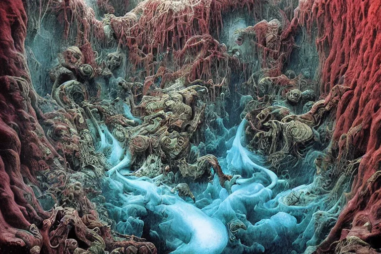 Prompt: the chasm, fluid, smooth, organic, crazy, bright, colours, tumours, high contrast, sharpness, dramatic, very detailed, intricate, by giger and corben and moebius and beksinski and bosch and bacon