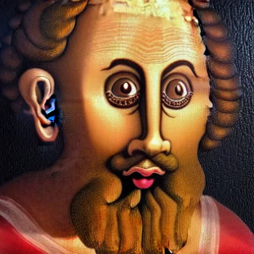 Image similar to portrait of ancient silly greek man with big eyes and sharp nose and open mouth. fine detail. artistic painting by lurid