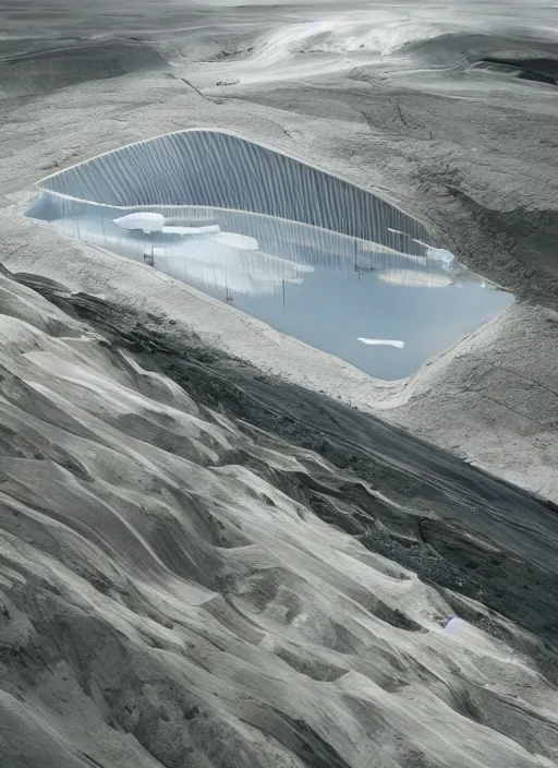 Prompt: bioremediation transparent white architecture, in the mining tailings of chuquicamata, epic, cinematic, hyperealistic, high detailed, corona render, hdr, ray tracing