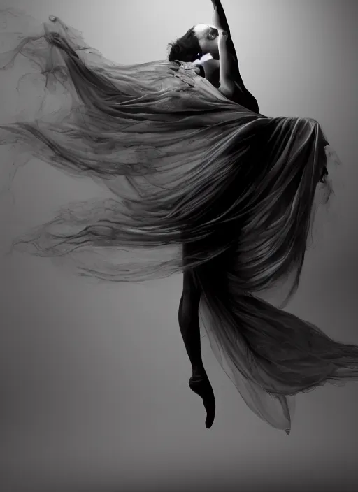 Image similar to a Photorealistic dramatic hyperrealistic render of a beautiful Female smoke dancer by Ken Brower and Deborah Ory of NYC Dance project,Lois Greenfield,Flowing cloth and smoke,Beautiful dynamic dramatic dark moody lighting,volumetric,shadows,cinematic atmosphere,Octane render,8K