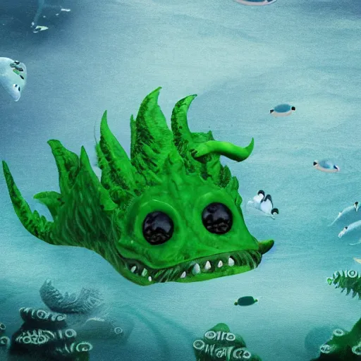 Prompt: a sea monster with green hair