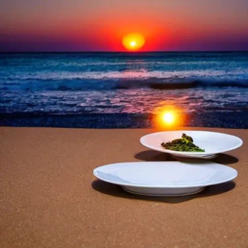 Image similar to professional photo of an empty white dish over a table with a sunset on the beach in the background