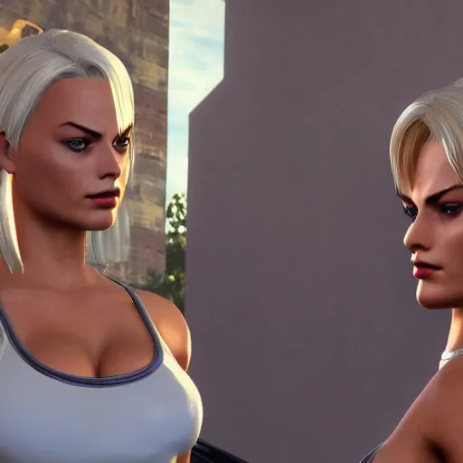 Image similar to margot robbie as a fighter in king of fighters 1 5, unreal engine 5, 4 k, photorealism, very detailed, ultra high quality