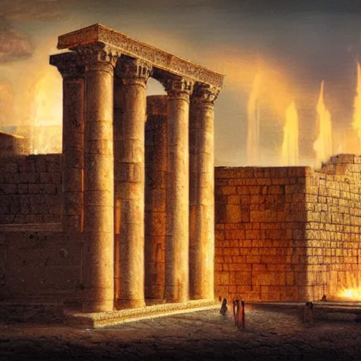 Image similar to a beautiful detailed and realistic matte painting of Herod’s Temple in Jerusalem aflame