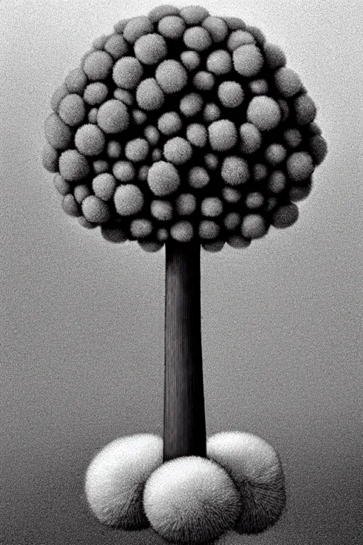 Image similar to a low angle perspective of a pompom tree, digital illustration by chris van allsburg and artgerm, surreal, photorealistic, award winning