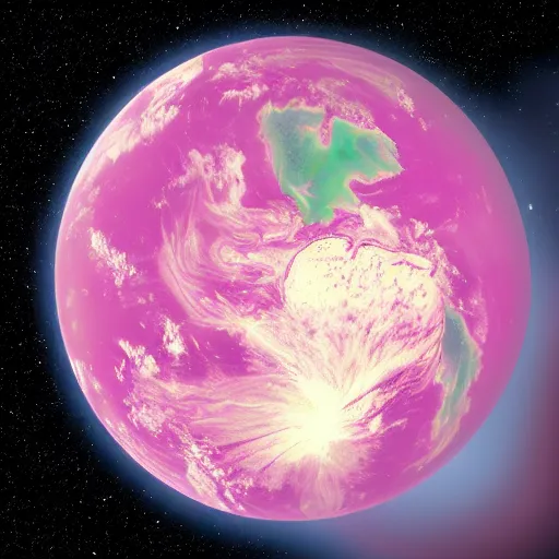 Prompt: a satellite image if a planet with a pink hue, from space can be seen the bright purple and green lights of the aurora. the planet is orbited by three moons, one distant. in the style of a satellite image, fantasy art