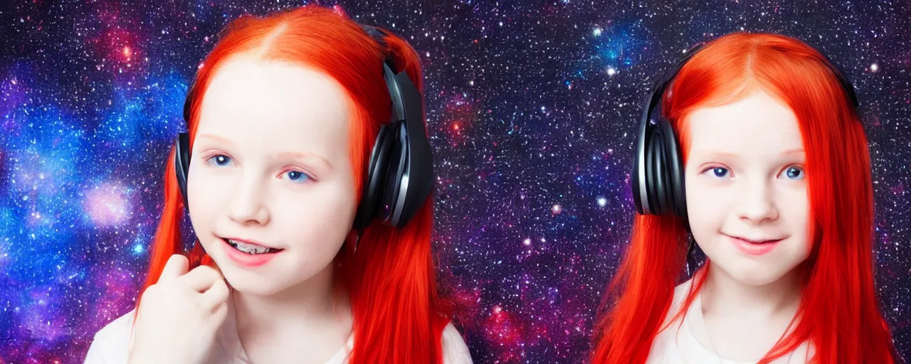 Prompt: Girl with red hair and red eyes wearing headphones, galaxy background