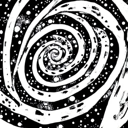 Image similar to black and white illustration spiral galaxy block print