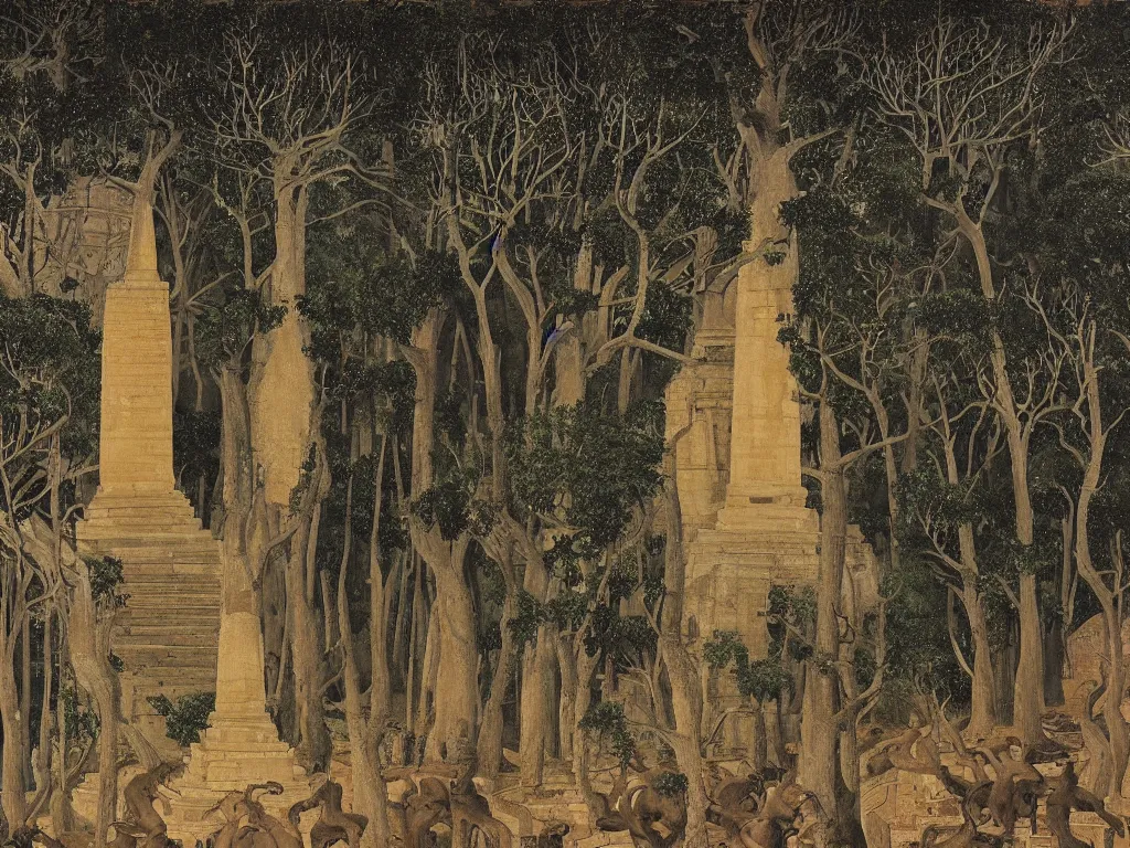 Prompt: Buddhist ruins, stupa at night, surrounded by panthers. Cypresses in the wind. Painting by Paul Delvaux.