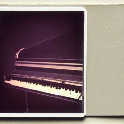 Image similar to a Polaroid photo of a transparent perspex piano, beams of light, nostalgic