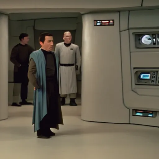 Image similar to data from startrek as a jedi master cinematic scene, wide angle, full body, 3 5 mm