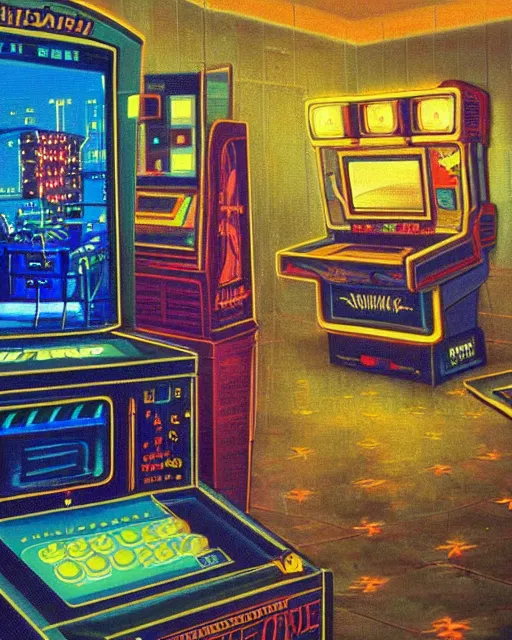 Prompt: arcade at night. 8 0 s era technology, vintage shapes, retro technology, vintage color, wayne barlow, oil on canvas, deep depth of field, masterpiece, cinematic composition, hyperdetailed