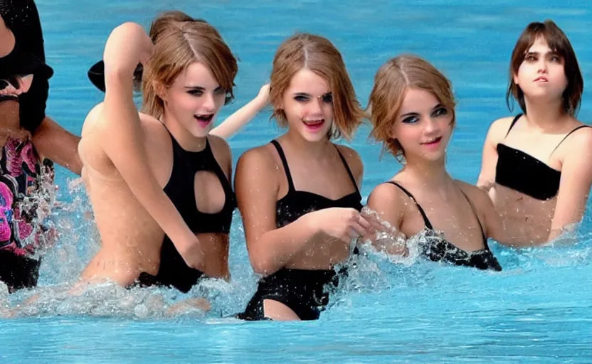 Prompt: emma watson and taylor swift and selena gomez swim together. perfect faces.