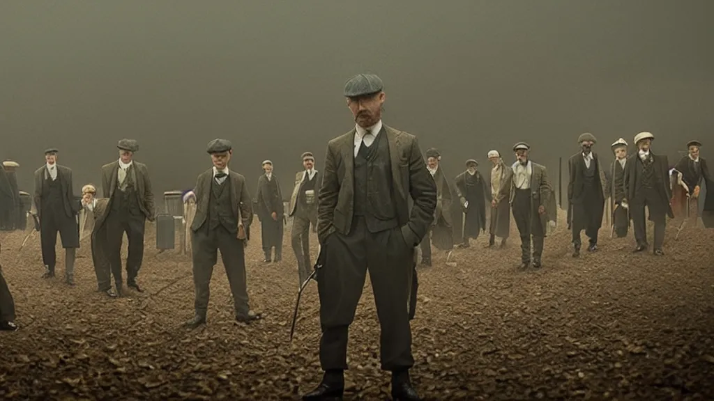 Image similar to the peaky blinders made out of peanuts, film still from the movie directed by denis villeneuve with art direction by zdzis