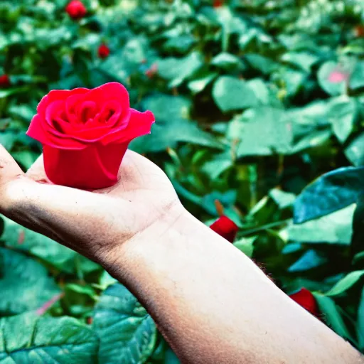 Prompt: a handpalm with a red rose growing on top of it, blended with skin, tail, thorns, leaves, photoreal