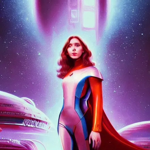 Image similar to Elizabeth Olsen as a stunning , beautiful retro SCI-FI space heroine 1985 , movie poster, intricate, elegant, highly detailed, centered, digital painting, trending on artstation, concept art, smooth, sharp focus, illustration, art by raphael lacoste ,eddie mendoza ,alex ross, WLOP