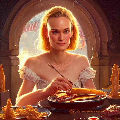 Image similar to Diane Kruger eating cheesesteaks, dripping BBQ Sauce, serving burgers, D&D, spilling ketchup, fantasy, intricate, elegant, highly detailed, digital painting, artstation, concept art, matte, sharp focus, illustration, hearthstone, art by Artgerm and Greg Rutkowski and Alphonse Mucha