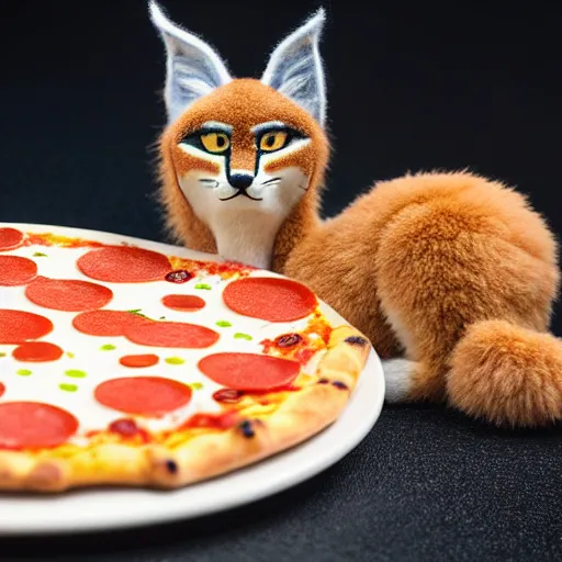 Image similar to a macro photo of cute fluffy caracal toy and a slice of pizza, cheese and pepperoni, hyper realistic, hyper detailed, 35mm, very grainy film, volumetric studio lighting, bokeh, black background award winning shot, vogue magazine, cinematic, 8k, very closeup, elegant, tender, pastel