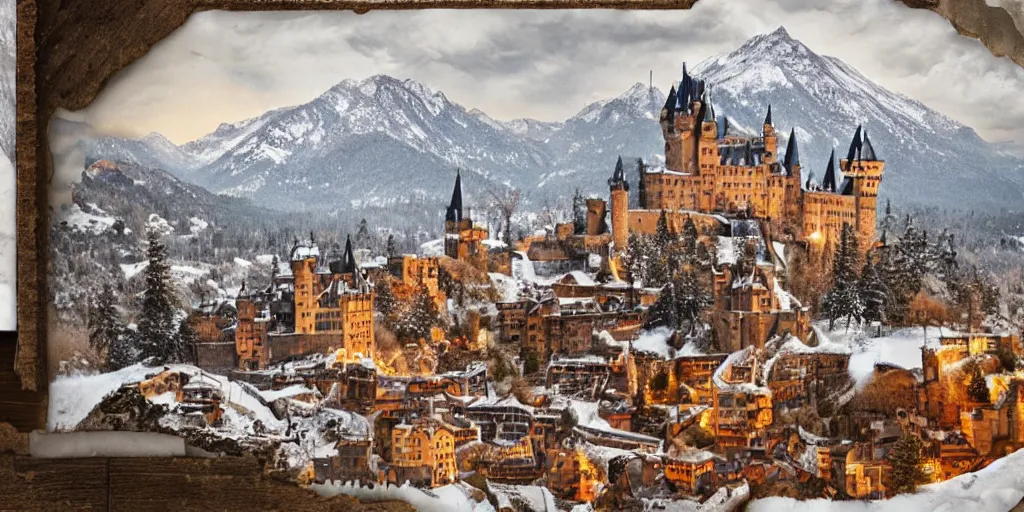 Image similar to a large castle amidst snowy mountain tops,lots of details,bridges,impossible,landscape,beautiful,pizza