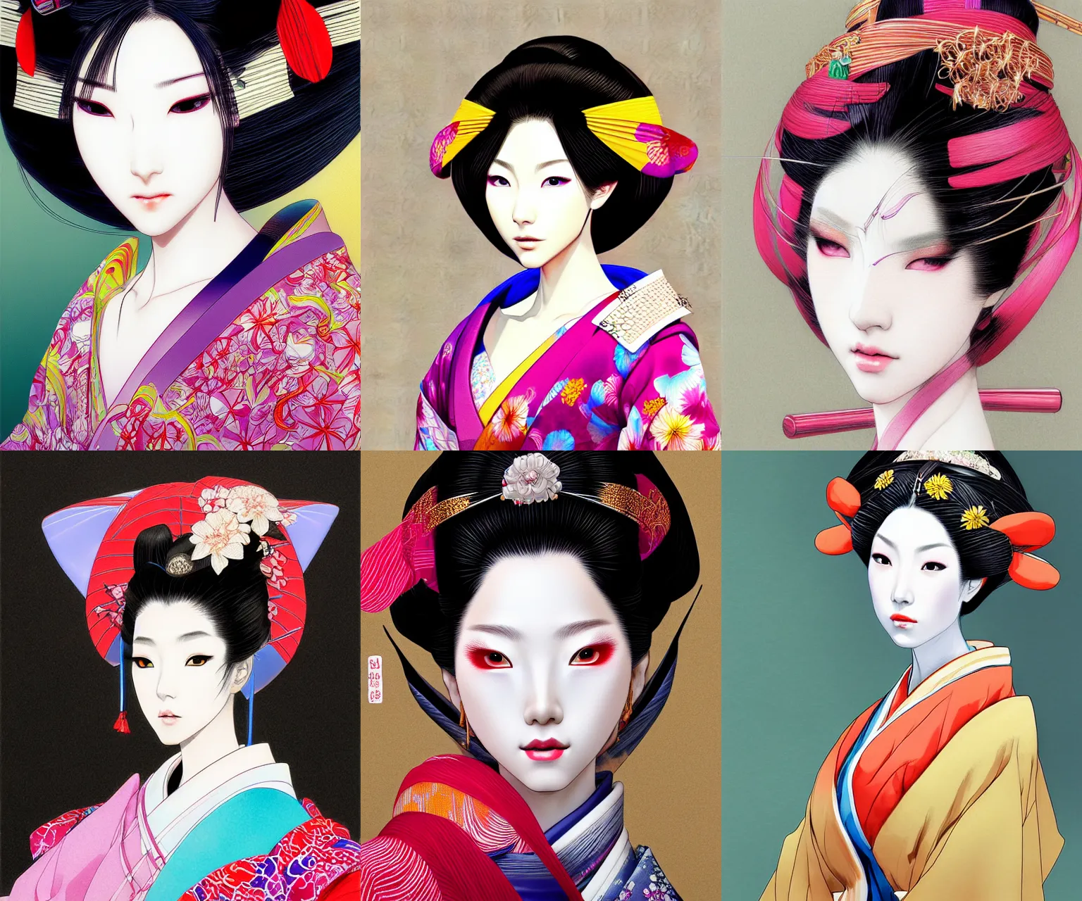 Image similar to portrait of a geisha, fashion, beautiful, elegant colorful, artstation trending, deviantart, highly detailed, focus, smooth, by hirohiko araki, yoshitaka amano