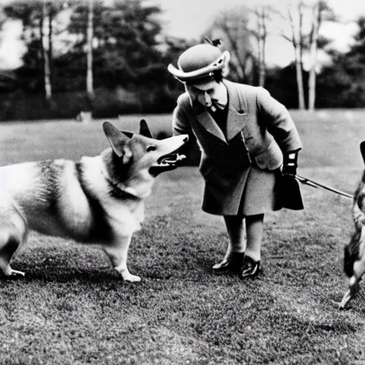 Prompt: historical photo of queen elizabeth and her corgis defeating hitler in hand to hand combat, natural sunlight, sharp focus, highly detailed, depth of field