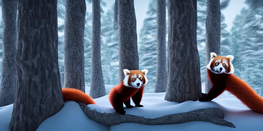 Image similar to fantasy red panda love, raised hands side by side in the winter trees, he holds her while she sleeps, hyperrealism, 8 k octane render