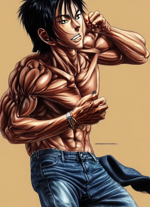 Prompt: Portrait ofOnizuka from GTO wearing jeans and no tshirt, muscular, intricate body, whole body highly detailed, digital painting, artstation, concept art, smooth, sharp focus, illustration, art by Hajime Sorayama
