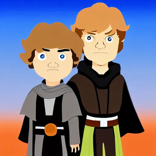 Image similar to cartoon of anakin skywalker and luke skywalker standing proudly shoulder to shoulder